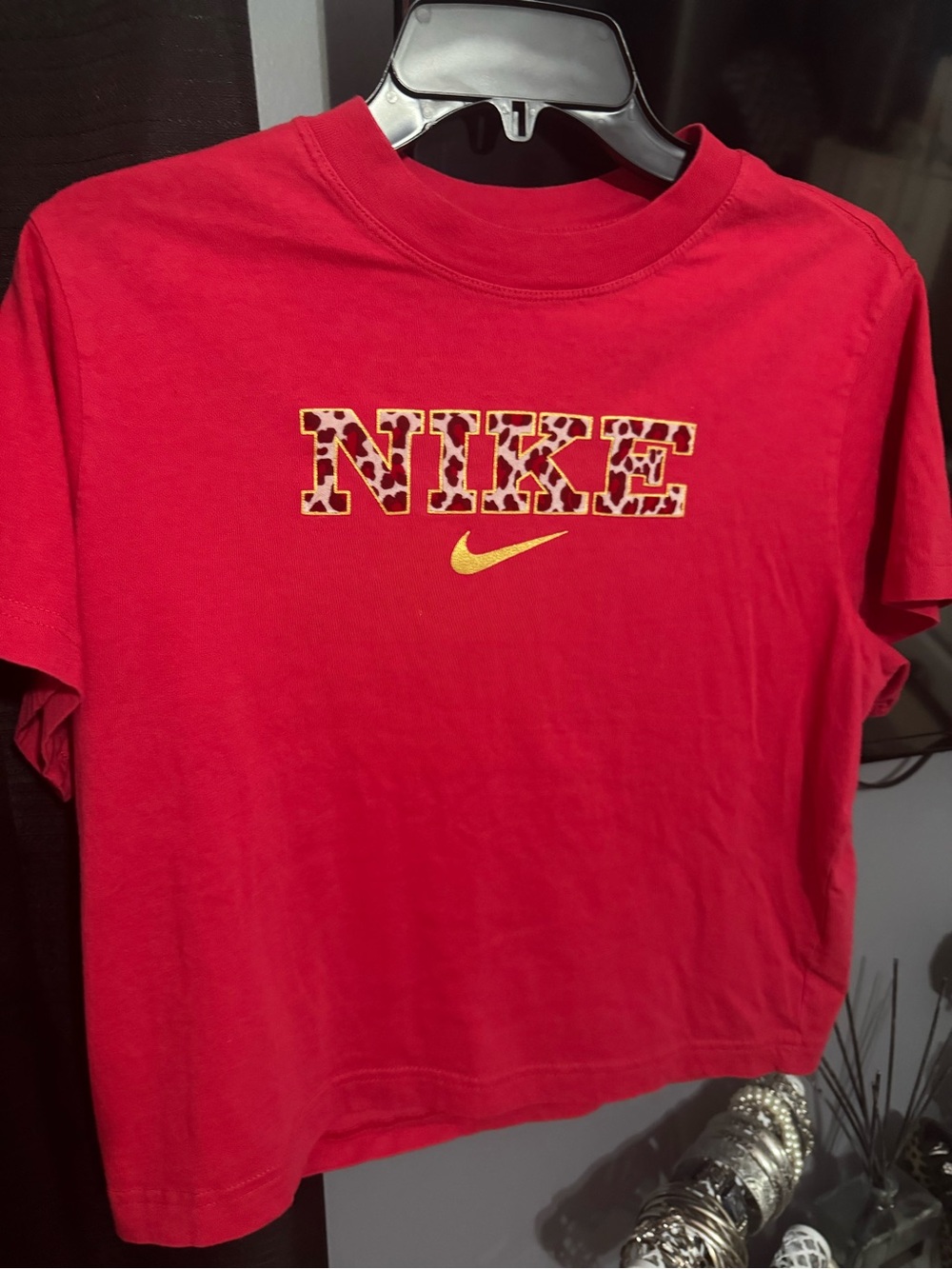 Nike Kids Red Tee with Leopard Print Logo and Yellow Swoosh